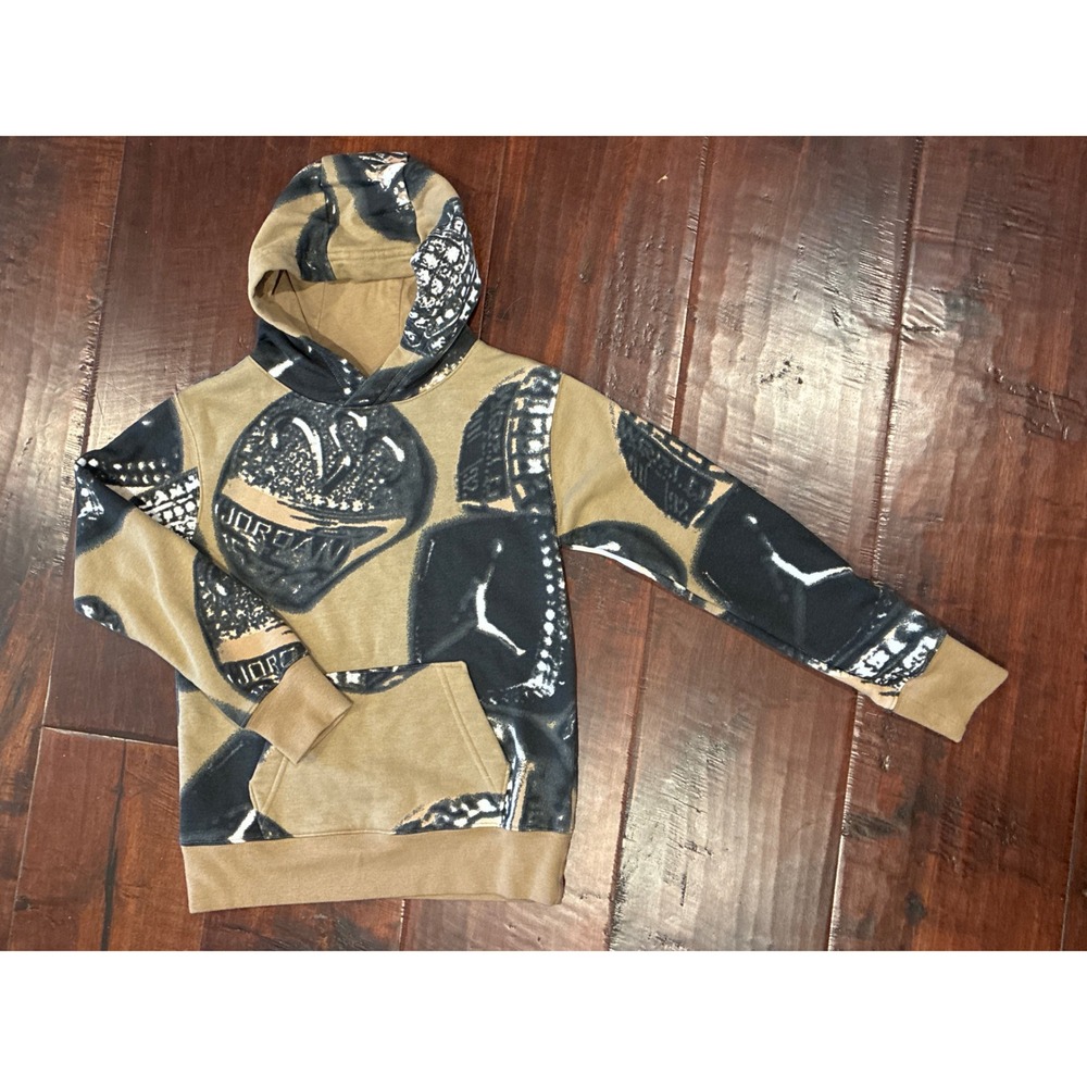 Jordan Championship Rings Print Hoodie Boys Small 8-10 Black Gold Pullover